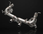 A front wide view of IPE SS Cat-Back Exhaust System for Ferrari 458 Italia / Spider 2010-2015 with black background
