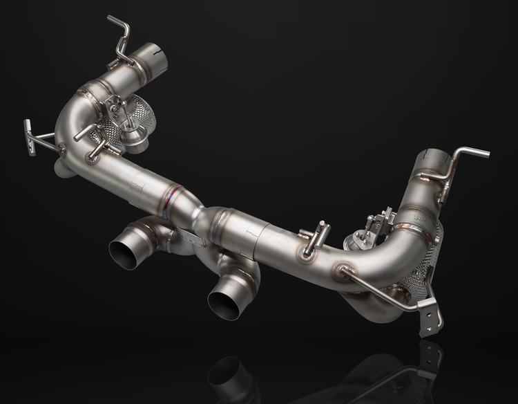 A front wide view of IPE SS Cat-Back Exhaust System for Ferrari 458 Italia / Spider 2010-2015 with black background