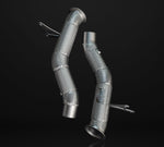 A front wide view of IPE SS catless straight downpipe for Ferrari 458 Italia / Spider and Speciale 2010-2015 with black background