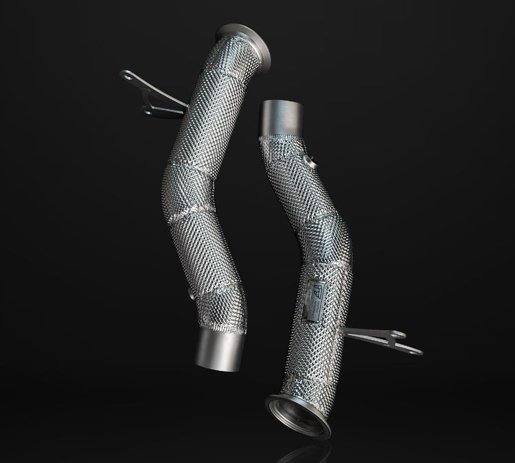 A front wide view of IPE SS catless straight downpipe for Ferrari 458 Italia / Spider and Speciale 2010-2015 with black background