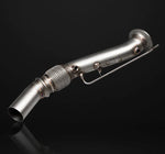 A front view of IPE SS Catless Downpipe for BMW (G2X - B48) 2019-2025 with black background