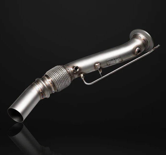 A front view of IPE SS Catless Downpipe for BMW (G2X - B48) 2019-2025 with black background