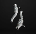 A front wide view of IPE SS catted downpipe for Ferrari 458 Italia / Spider  and Speciale 2010-2015 with black background