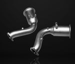A front view of IPE SS Catted Downpipe for Audi RSQ8 2020-2025 with black background