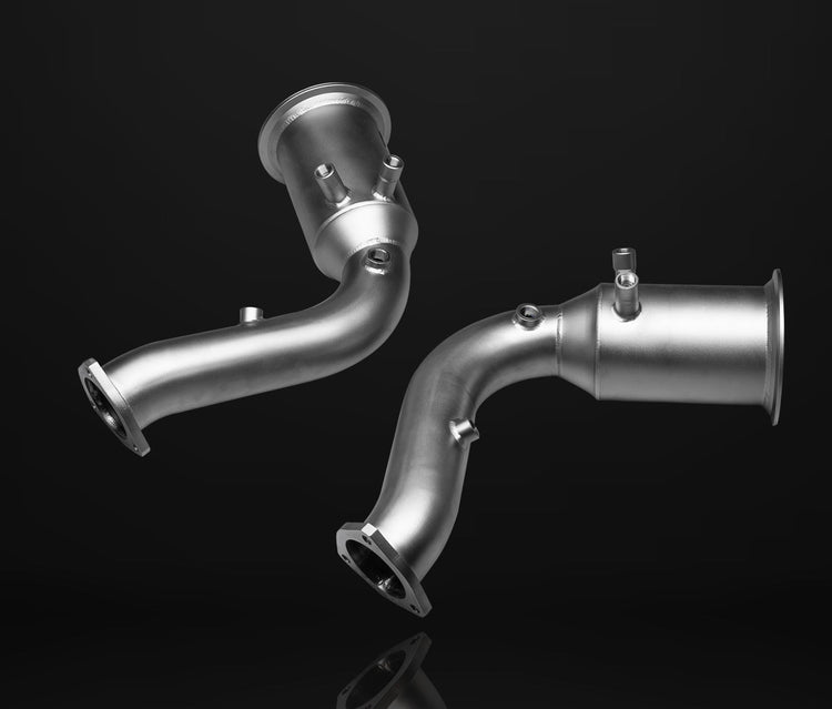 A front view of IPE SS Catted Downpipe for Audi RSQ8 2020-2025 with black background