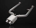 A front view of the front pipe for the IPE SS Cat-Back Exhaust System for BMW M2 (G87 - S58) 2023-2025 with black background