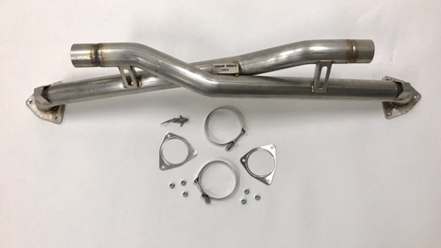 A top view of Shark Werks Sport Exhaust for Porsche 991 Carrera / S and its hardware with a white background