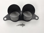 A top view of Shark Werks 100mm Exhaust Tips for Porsche 991 / 991.2 GT3 / RS / R with a small toy shark 
