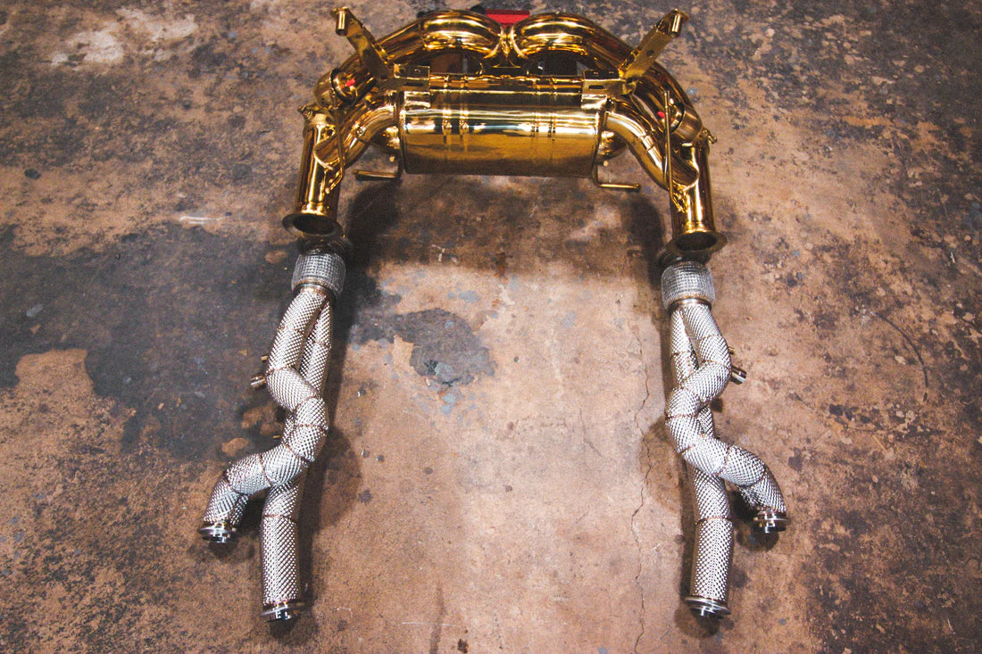 A close overview of Valvetronic Designs Valved Sport Exhaust System's free flow front pipes (for Lamborghini Aventador LP700 / SV).