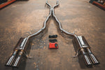 A top overview of Valvetronic Designs Valved Sport Exhaust System on the ground (Alpina B6 / BMW 650i).