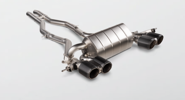 A top side view of Akrapovic 2023+ BMW G87 M2 Slip on Titanium Exhaust with white background