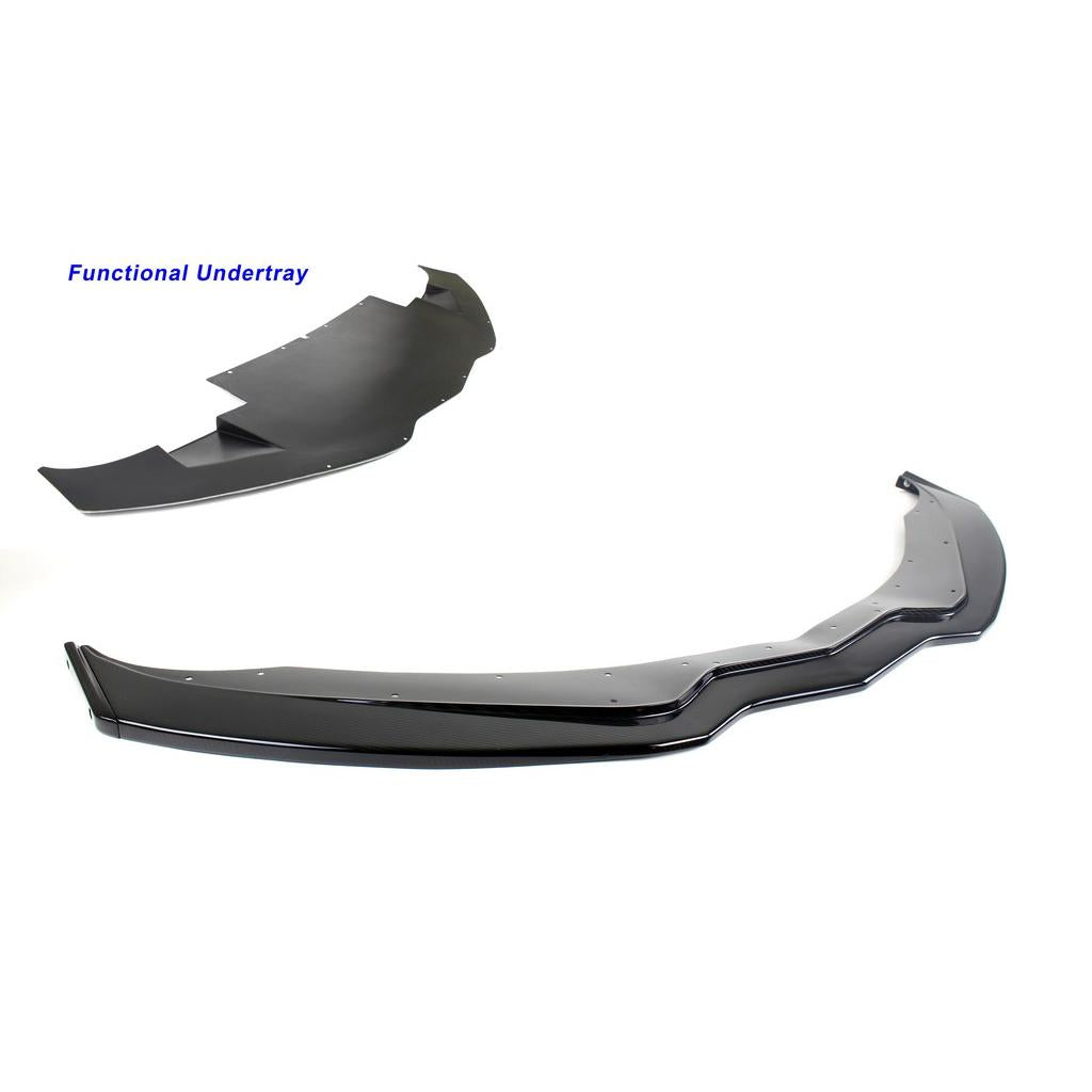 Black carbon fiber front airdam splitter with undertray shown separated on white background - APR Performance front airdam for Chevrolet C7 Corvette Corvette Z06