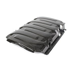 Black carbon fiber engine cover with raised vented sections and chrome mounting brackets on white background - APR Performance engine cover for Chevrolet Camaro SS LT1