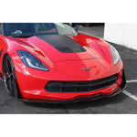 Small black aerodynamic canards mounted on lower front bumper corners of red Corvette in parking lot - APR Performance front canards for Chevrolet C7 Corvette Z06