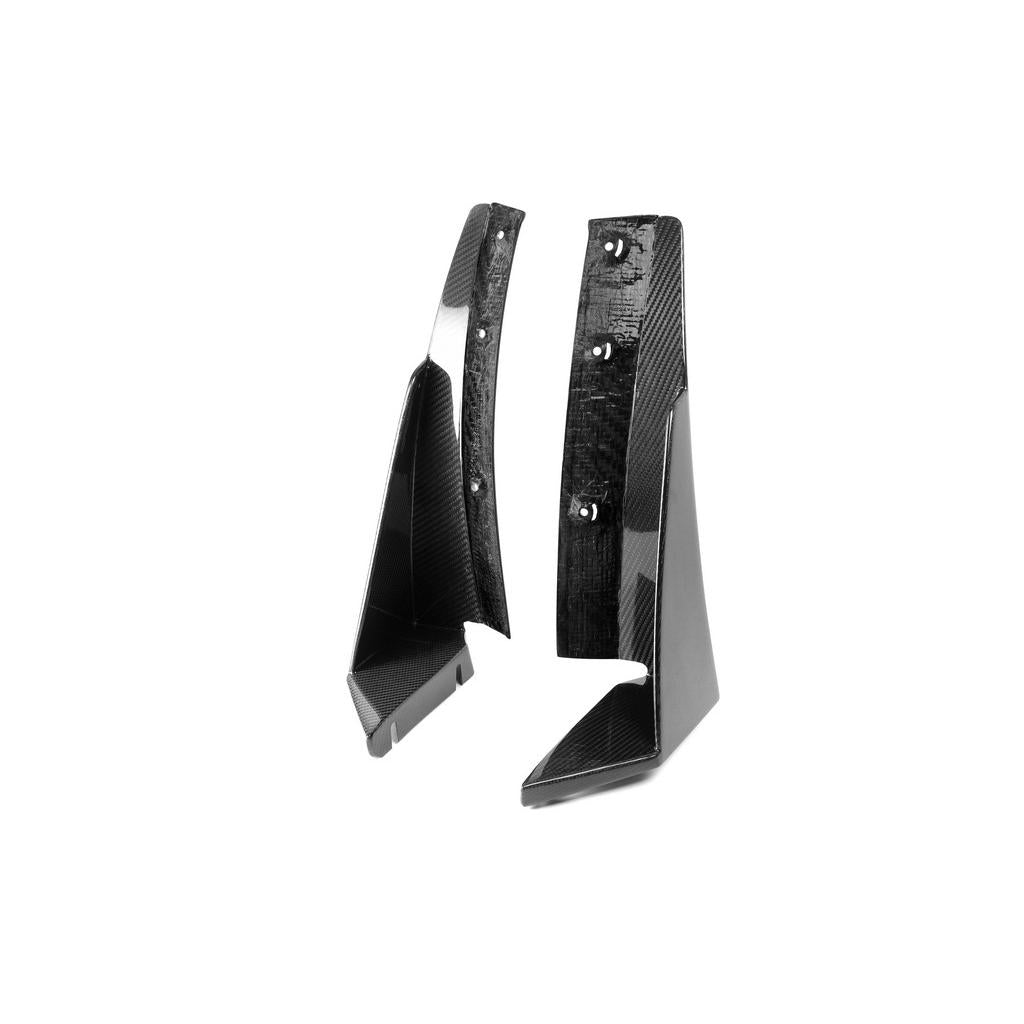 Two black carbon fiber aerodynamic canards with mounting holes displayed on clean white background - APR Performance front canards for Chevrolet C7 Corvette Z06