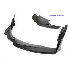 Black carbon fiber front airdam splitter with curved aerodynamic design and mounting tabs displayed on white background - APR Performance front airdam for Chevrolet C7 Corvette Corvette Z06