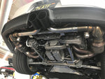 A wide view of Shark Werks Sport Exhaust for Porsche 991 GT3 / RS and 991.2 GT3 / R fitted on a car from behind