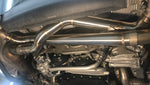 A close up view of Shark Werks Sport Exhaust for Base Model (Non-PSE) for Porsche 991.2 Carrera fitted on the car.