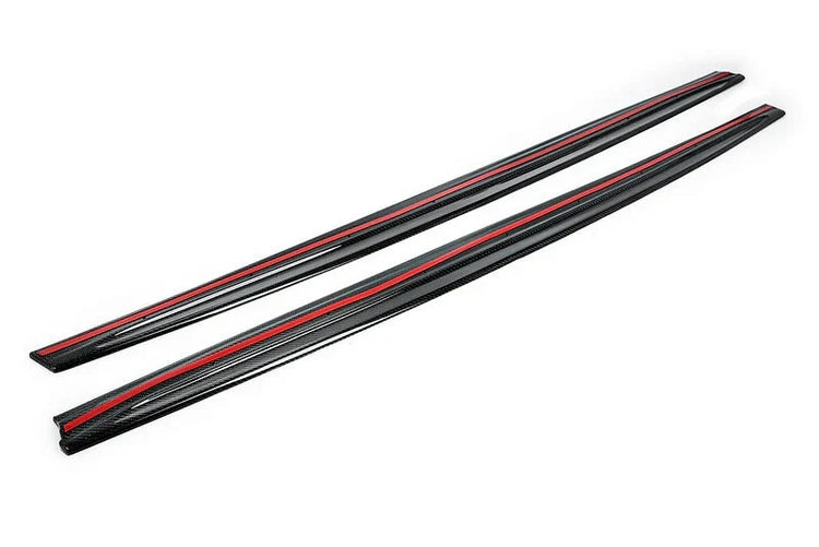 A front view of RKP Carbon Side Skirt Set (2x2 Carbon Weave) BMW F80 M3 2014-2018 with white background