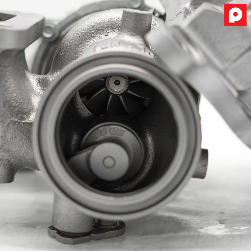 Close view of the high-flow turbine wheel inside the factory VR30 turbine housing, PURE Stage 2