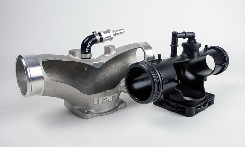 IPD plenum compared with the factory intake, part of the 991.2 Carrera Stage 1+ kit