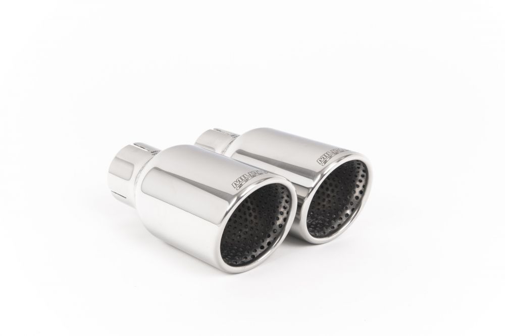 Close-up of polished silver Jet-100 round Milltek Sport exhaust tips for the 2003-2012 Audi A3 2.0T FSI 2WD 3 door (photo 3)
