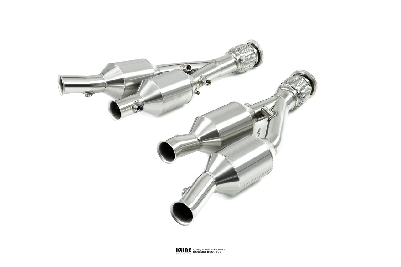 Left angled view of 100 Cell Cat Pipe Set For Lamborghini Aventador SVJ manufactured by kline innovation
