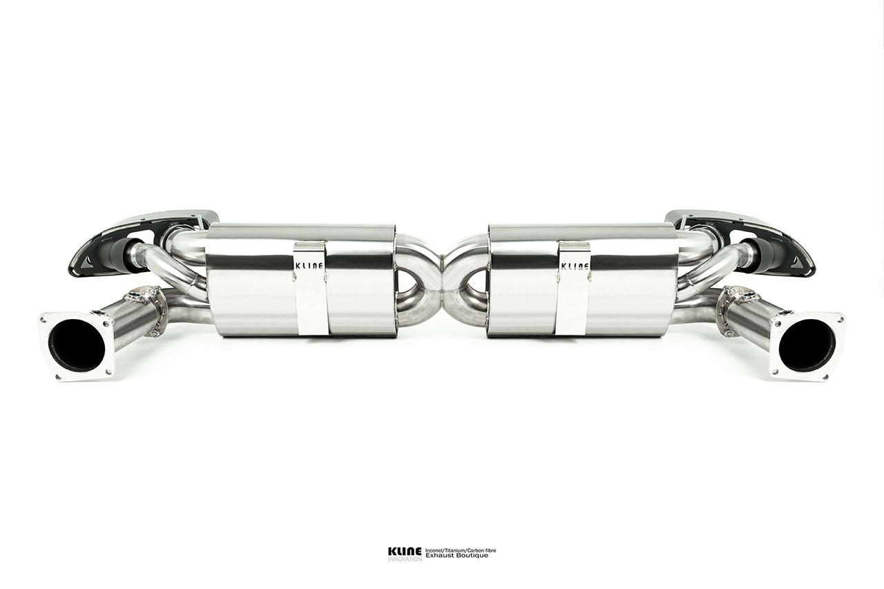 Back view of 100 Cell Cat Pipe Set With Tip Cover For Porsche 991 Turbo S (Gen1/Gen2) manufactured by Kline Innovation