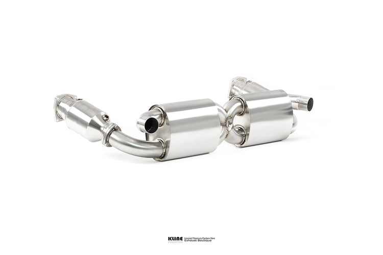 Left angled view of 100 Cell Cat Pipe Set For Porsche 997.2 Turbo Gen II manufactured by Kline Innovation