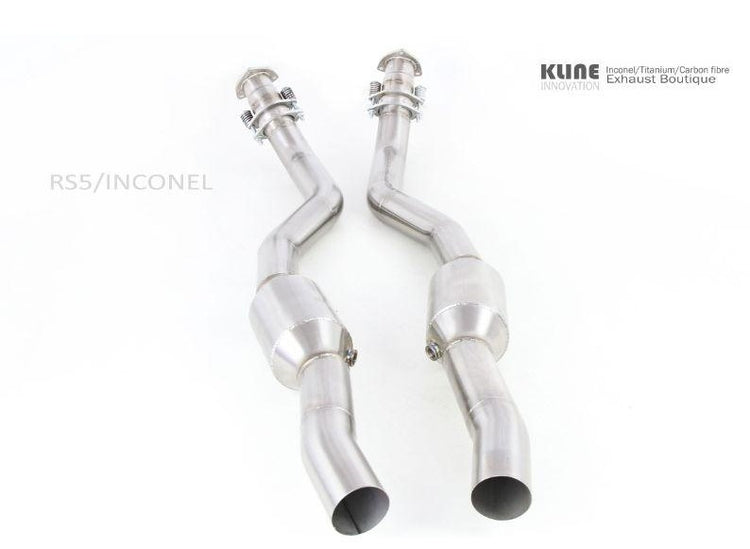 Left angled view of 100/200 Cell Downpipes For Audi RS5 V8 manufactured by Kline Innovation