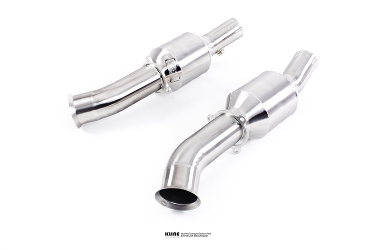 Right angled view of 200 Cell Cat Pipe Set For Ferrari 430 Scuderia manufactured by kline innovation