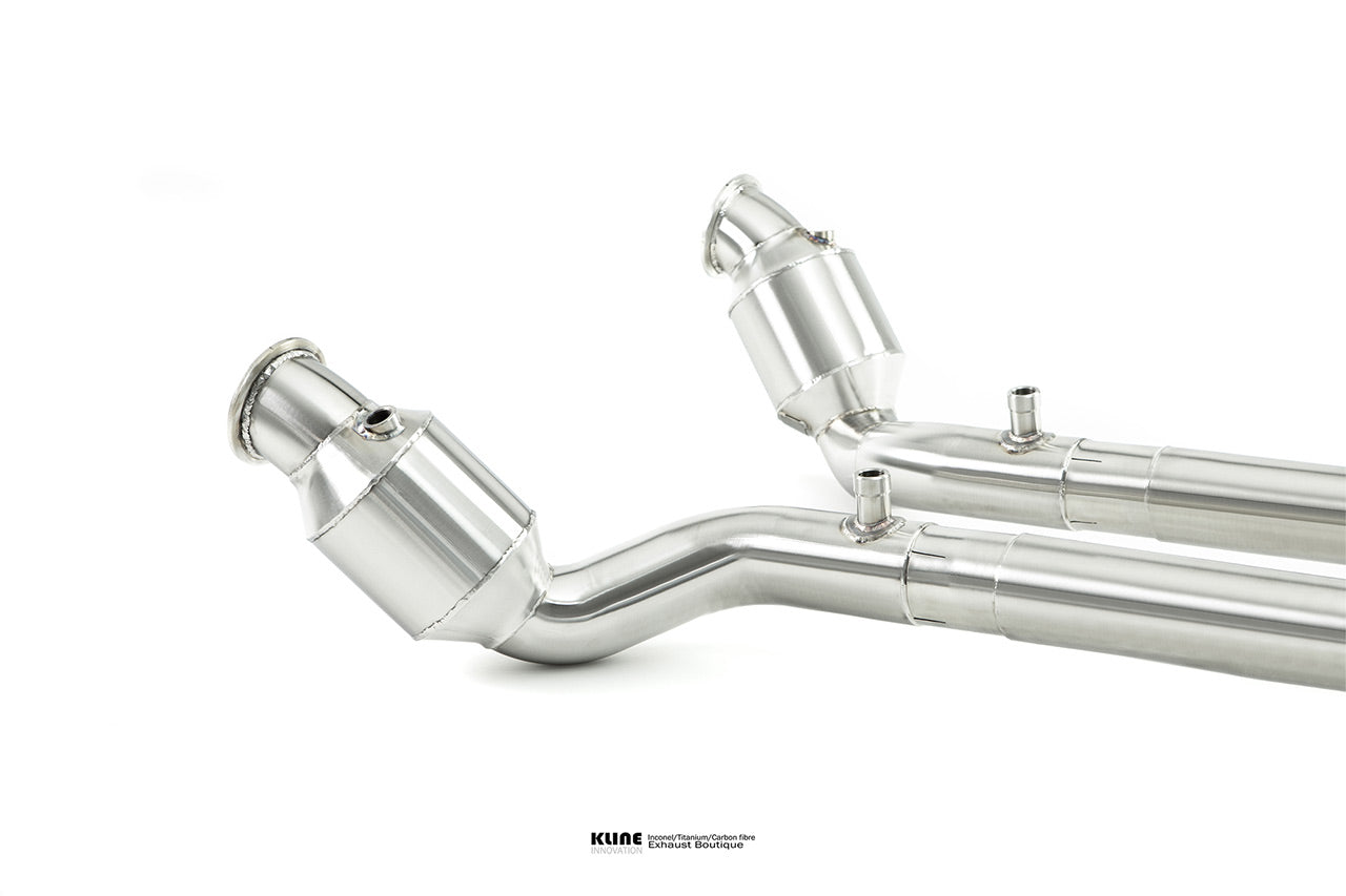 Side view of 200 Cell Cat Pipe Set For Ferrari Portofino manufactured by kline innovation