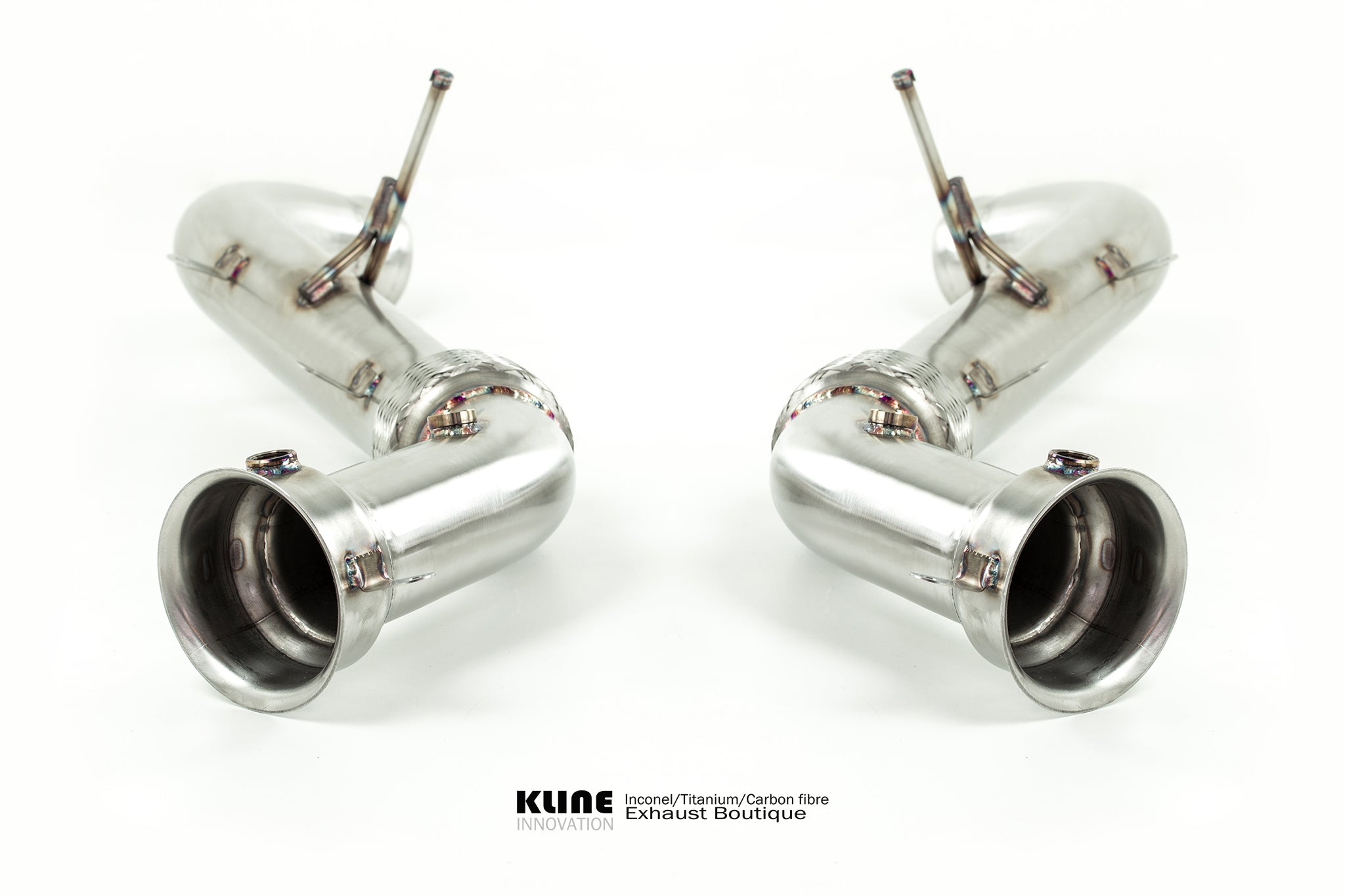 Back view of 200 Cell Cat Pipe Set For McLaren 650S manufactured by kline innovation