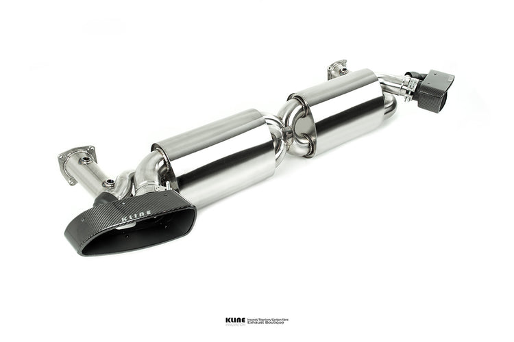 Left angled view of 200 Cell Cat Pipe Set With Tip Cover For Porsche 991 Turbo S (Gen1/Gen2) manufactured by Kline Innovation