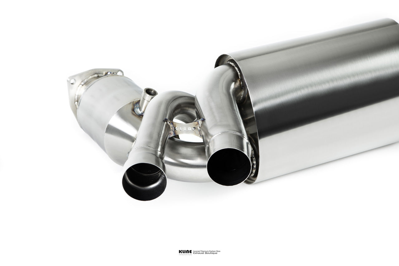 Closeup view of two Exclusive Version Silencer Section Pipes For Porsche 991 Turbo (76/70mm) manufactured by Kline Innovation
