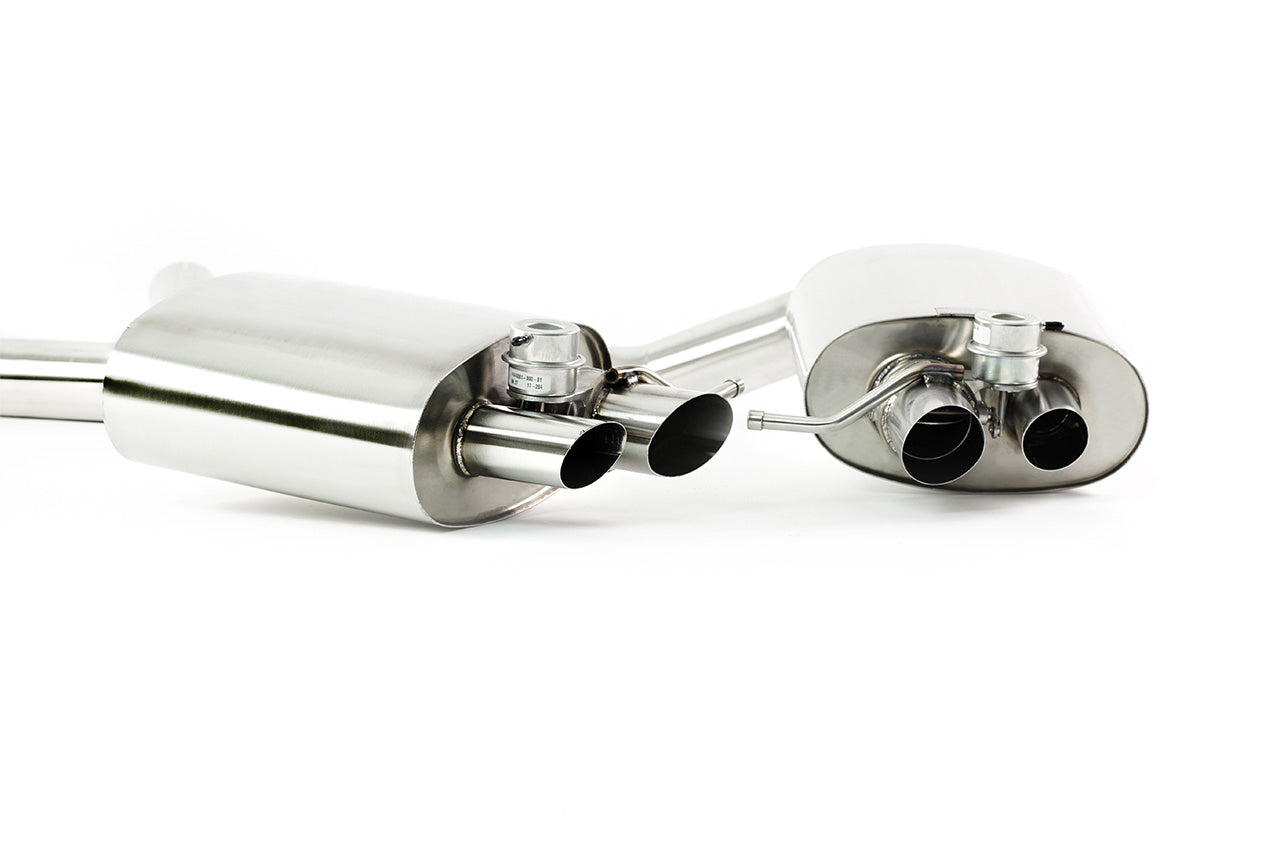 Front closeup view of valvetronic rear section exhaust for Audi RS5 V8 manufactured by kline innovation