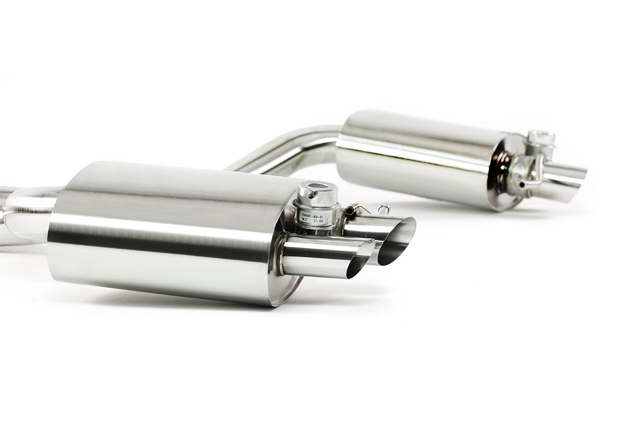 Side closeup view of valvetronic rear section exhaust for Audi RS5 V8 manufactured by kline innovation