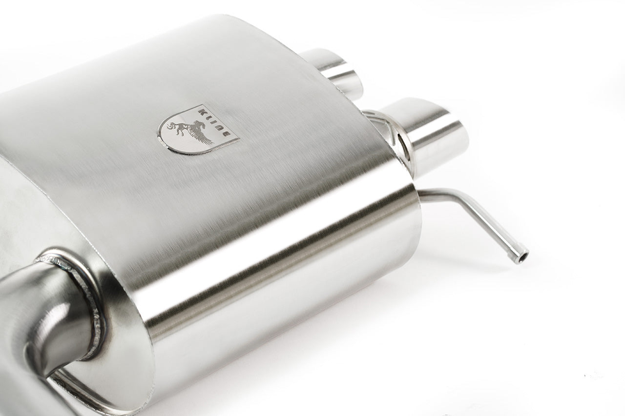 Closeup view of valvetronic rear section exhaust for Audi RS5 V8 manufactured by kline innovation