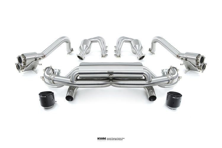 Birdseye view of Side Pipes with two manifolds and two carbon fiber tips For Porsche 718GT4/SPYDER manufactured by Kline Innovation