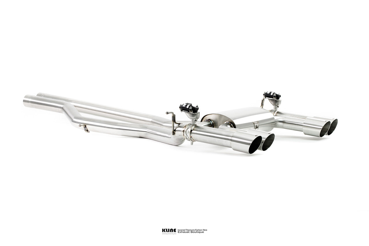 Left angled view of Valvetronic Cat-Back Exhaust System For BMW M4 F82/F83 manufactured by Kline Innovation