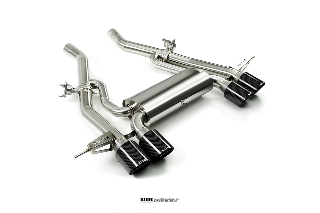 Left angled Birdseye view of Valvetronic Cat-Back Exhaust System With Center Pipes For BMW M3/M4 (G80,G82,G83) manufactured by Kline innovation