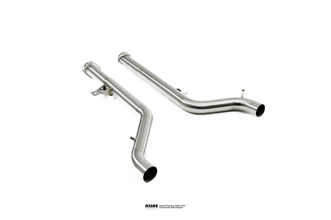 Birdseye view of 2 Downpipes For BMW M3/M4 (G80,G82,G83) manufactured by Kline innovation