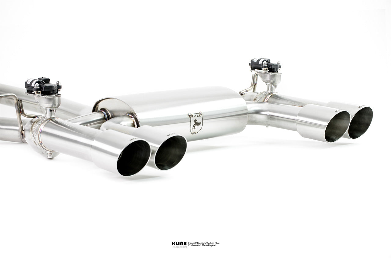 Left angled view of Valvetronic Cat-Back Exhaust System For BMW M3 F80 manufactured by Kline innovation
