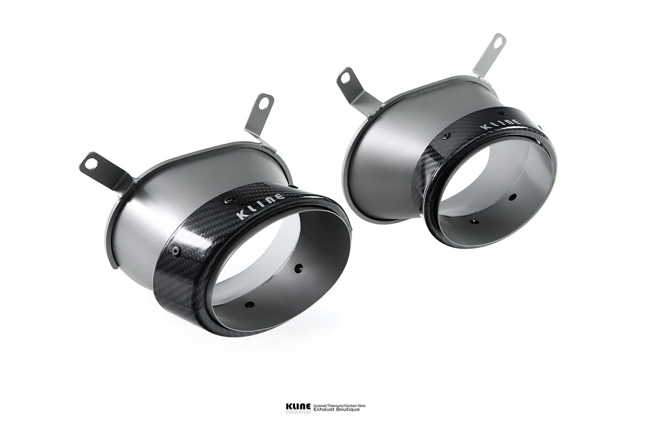 Left angled view of Valvetronic Exhaust 3" Race Version Carbon Fiber Tip For Porsche 991 GT2RS manufactured by Kline Innovation