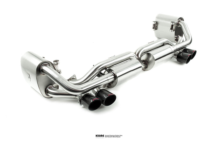 Left angled view of Valvetronic Exhaust System With Tip Cover For Porsche 991 Carrera manufactured by Kline Innovation
