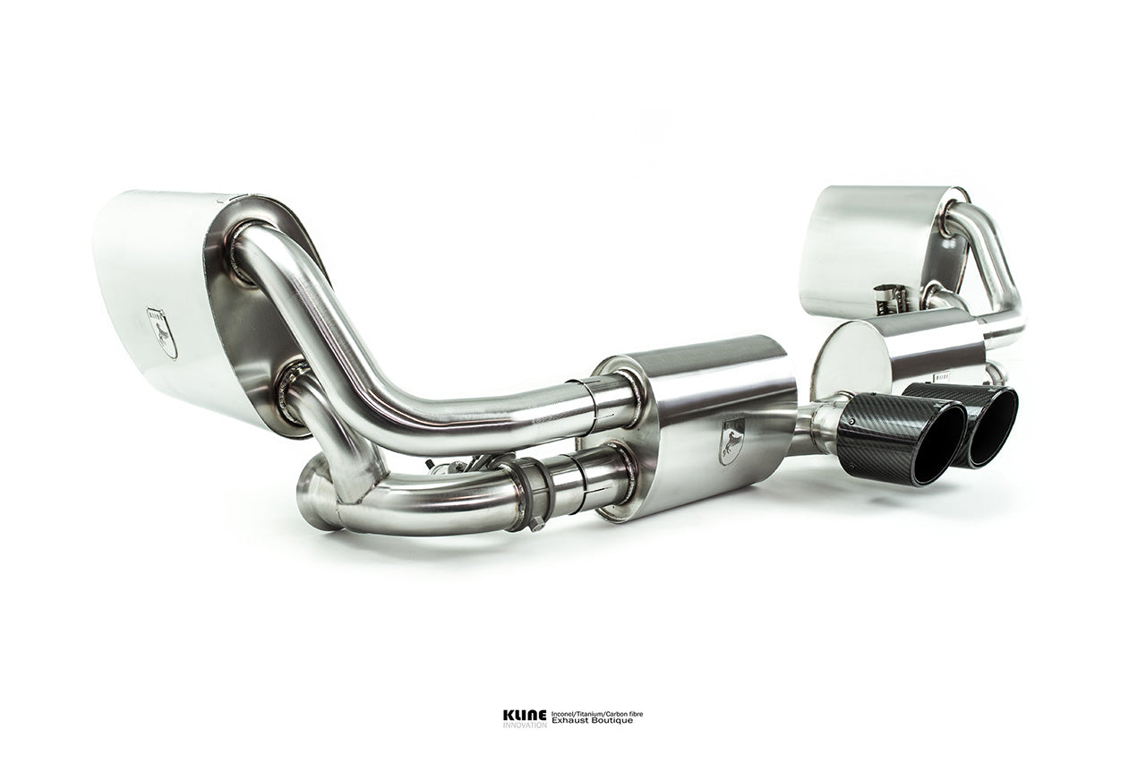 Left angled view of Valvetronic Exhaust System With Tip Cover - SS Tips For Porsche 991 GT3/GT3RS (Gen1/Gen2) manufactured by Kline Innovation