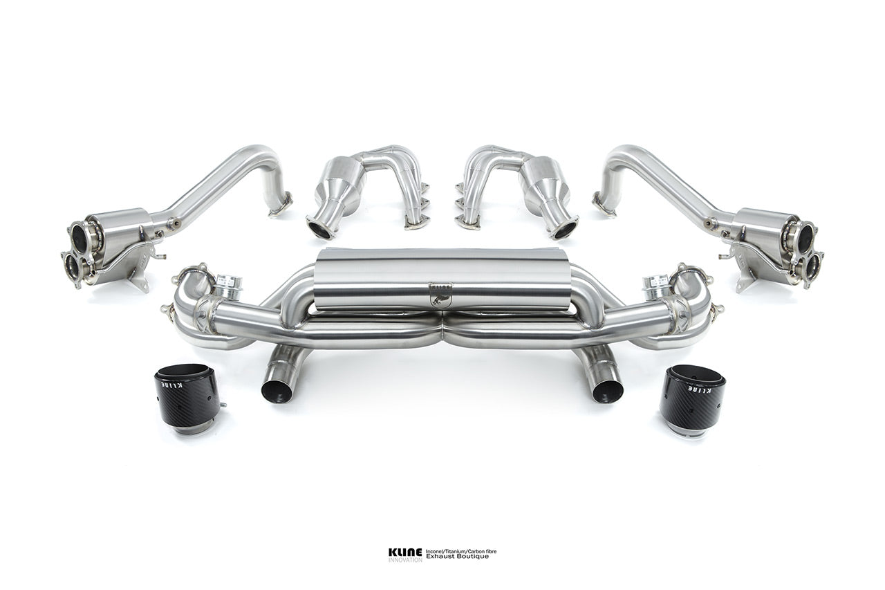 Birdseye view of Valvetronic Rear Exhaust System with two manifolds and two Carbon Fiber Tip For Porsche 718GT4/SPYDER manufactured by Kline Innovation