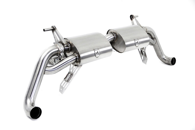 Left angled view of valvetronic exhaust system for Audi R8 GT V10 which fits in 2012 to 2016 models manufactured by kline innovations