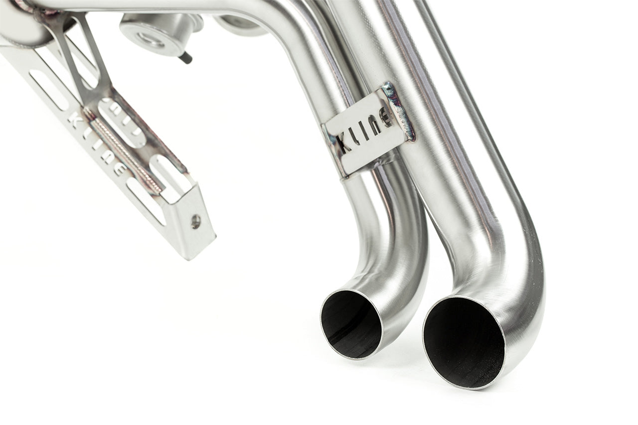 Two pipes closeup of valvetronic system exhaust for Audi R8 V10 which fits in 2010 to 2012 models manufactured by kline innovation