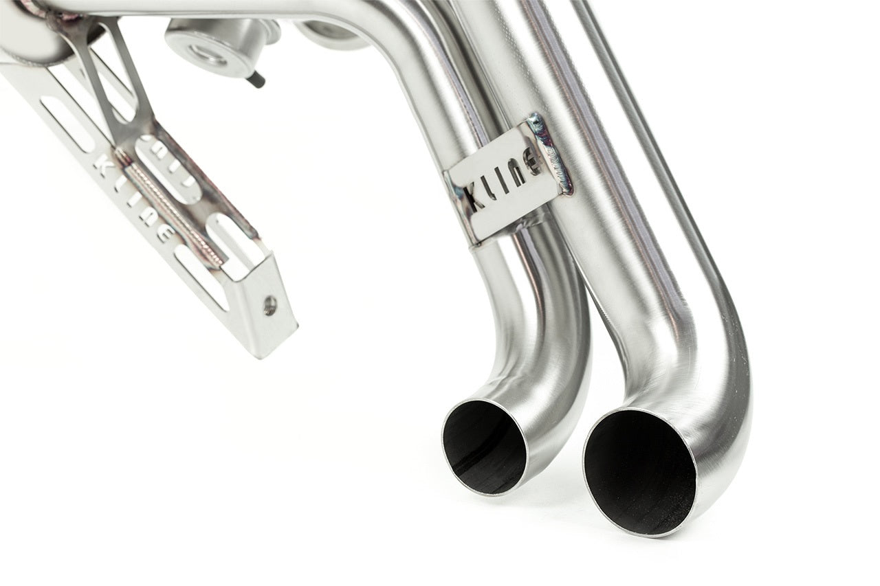 Two pipes closeup shot of valvetronic system exhaust for Audi R8 V8 which fits 2008 to 2012 models manufactured by kline innovation